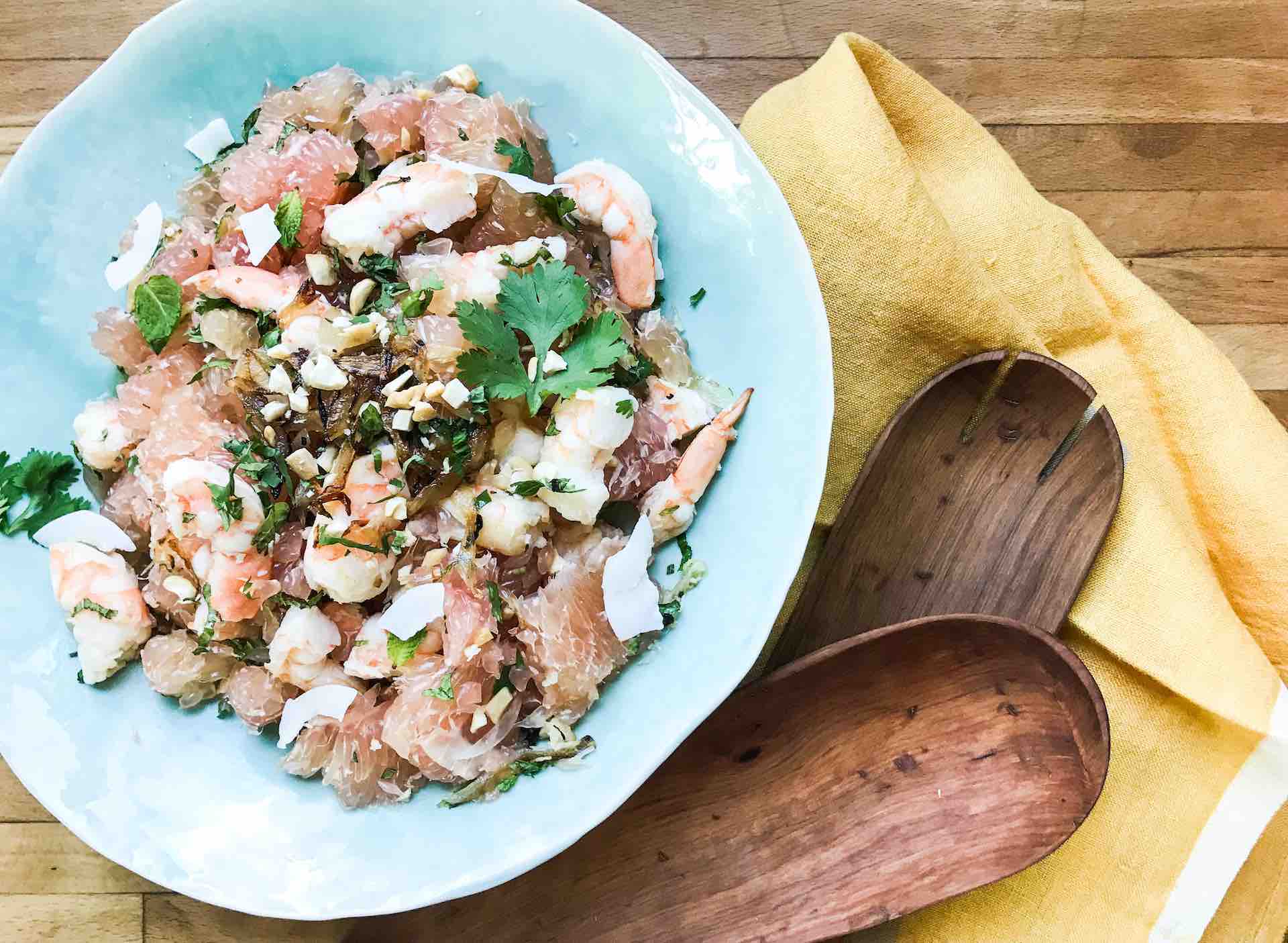 Plate with Pomelo shrimp salad good for body detox